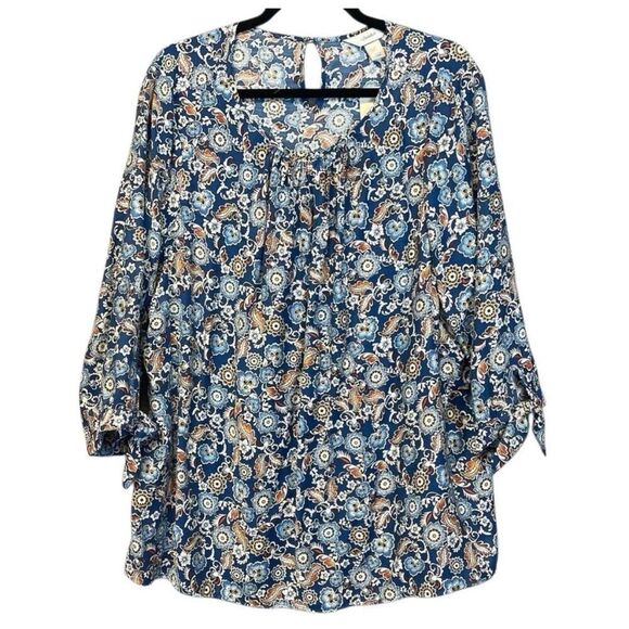 NWT CJ BANKS Blouse Women’s 2X Blue Boho Floral Rayon Blend 3/4 Sleeve Pleated - Picture 1 of 16